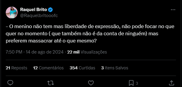 Davi Brito do "BBB24", redefine carreira após desistir de Medicina: 'Parece que ele se encontrou' 2 Raquel Brito, que através do antigo Twitter, defendeu Davi